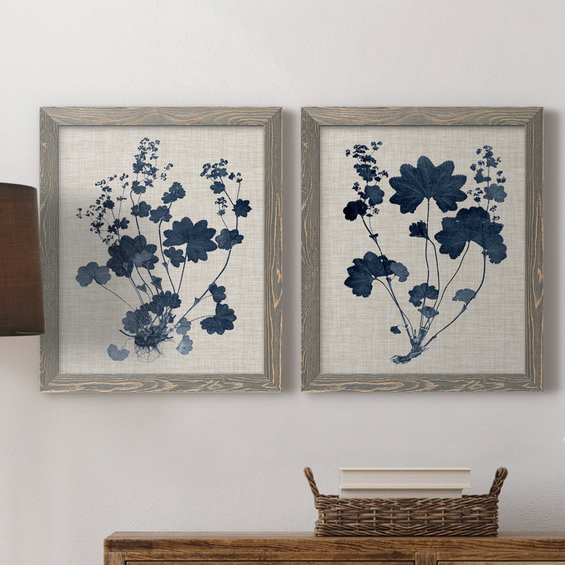 Bleu marine et feuilles de lin II, toile encadrée de qualité supérieure - prête à être accrochée, H 20 po x l 17 po x P 1 po