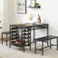 Ensemble de table de salle à manger pour 4 personnes, ensemble de table de cuisine pour 4 personnes avec 2 bancs, ensemble de table de salle à manger rectangulaire avec support à vin, ensemble de table de salle à manger 3 pièces pour petit espace-1839541209-1839541210-1839541207