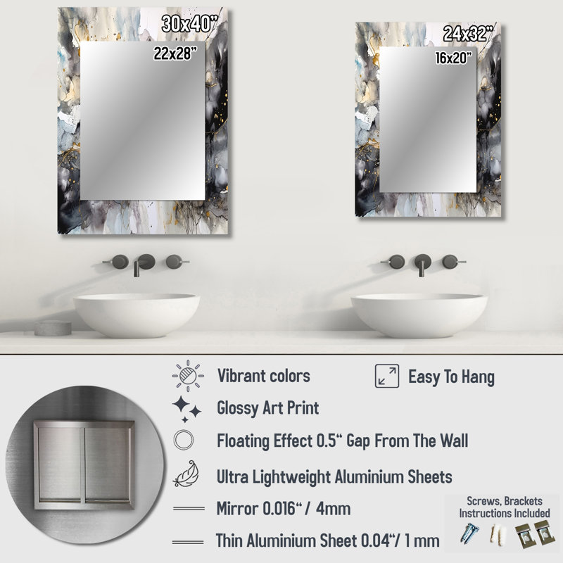 Grey Gold Delicate Abstract Brushstrokes II - Abstract Decorative Mirror On Metal, 40" x 30"