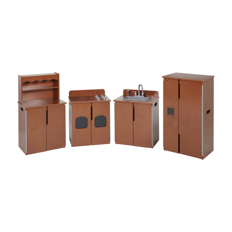 ECR4Kids Play Kitchen Cupboard, Stove, Sink, and Refrigerator, Wooden Playset, 4-Piece, Dark Walnut