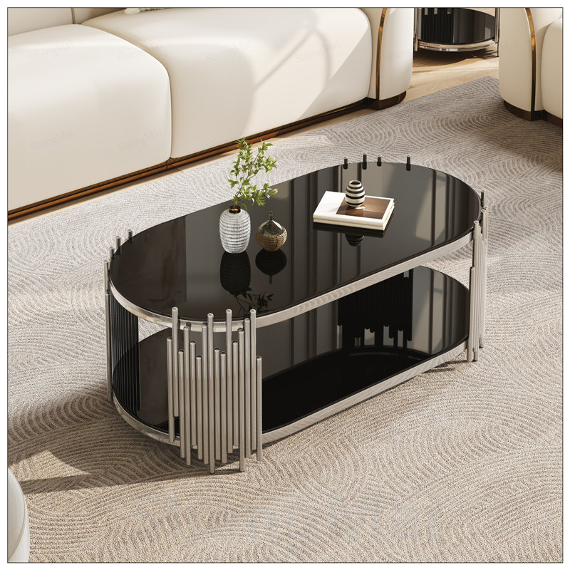 Table basse de luxe argentée avec tablettes en verre trempé à 2 niveaux, table de centre ovale moderne pour le salon, structure en acier inoxydable poli, conception artistique en tuyaux d'orgue
