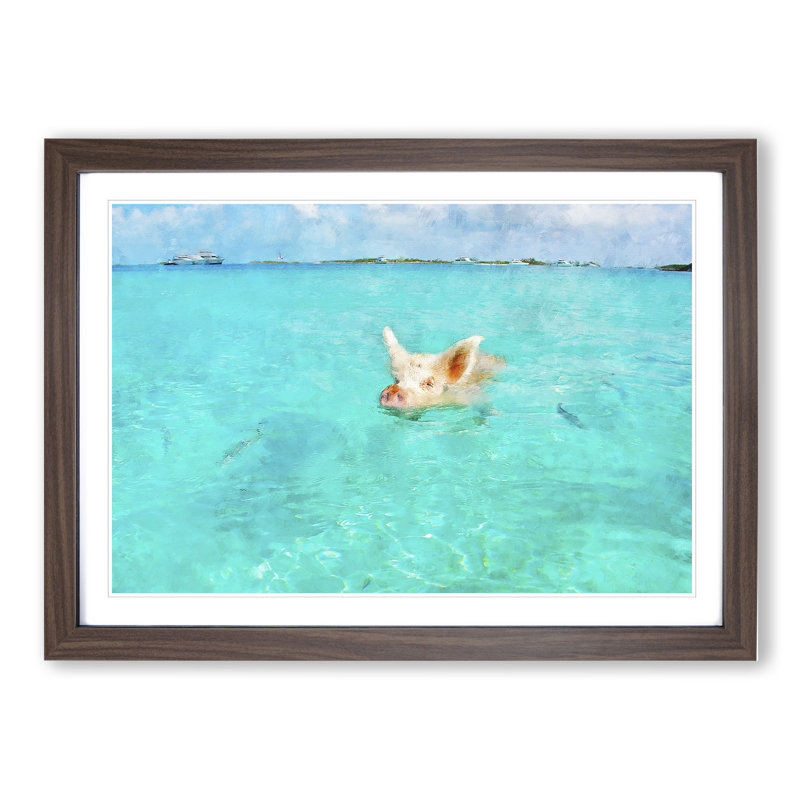 Swimming Pig - Picture Frame Painting, 48cm H x 65cm W x 2cm D, Walnut Framed