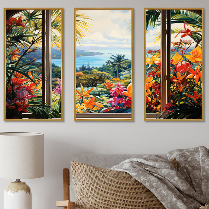 «Tropical Windows View Blooms 4 - Coastal Windows», art mural, Cadre flottant doré, H 28 po x l 36 po