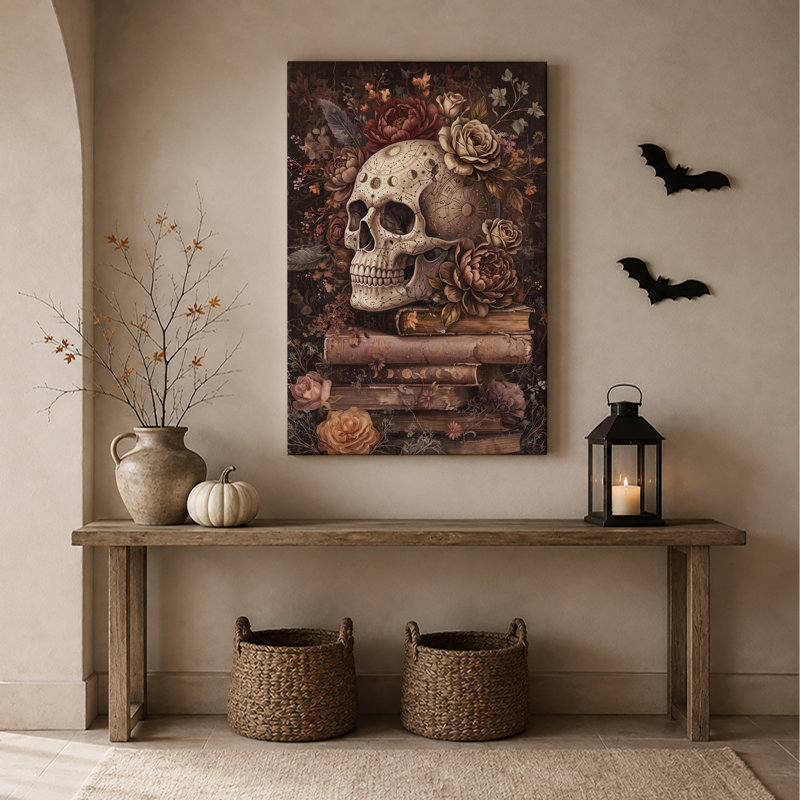 Crâne céleste rétro avec roses et art mural d'Halloween empilé, H 36 po x l 24 po