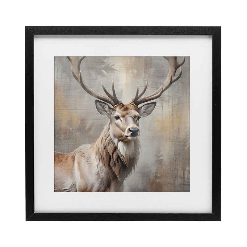 «Rustic Stag with Majestic Glance», reproduction sous verre encadrée, conception de Susan Arnot, Cadre noir minuit sous verre
