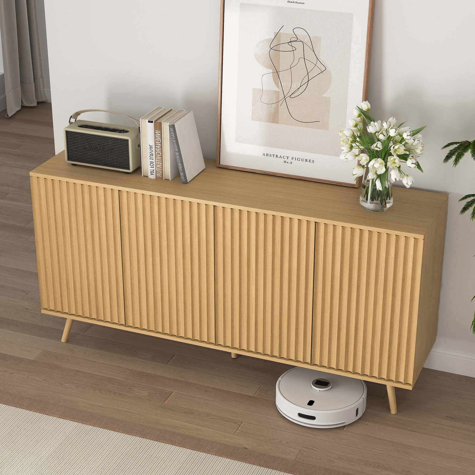 Ebern Designs Wood Sideboard Buffet Cabinet With Storage And 4 Doors ...