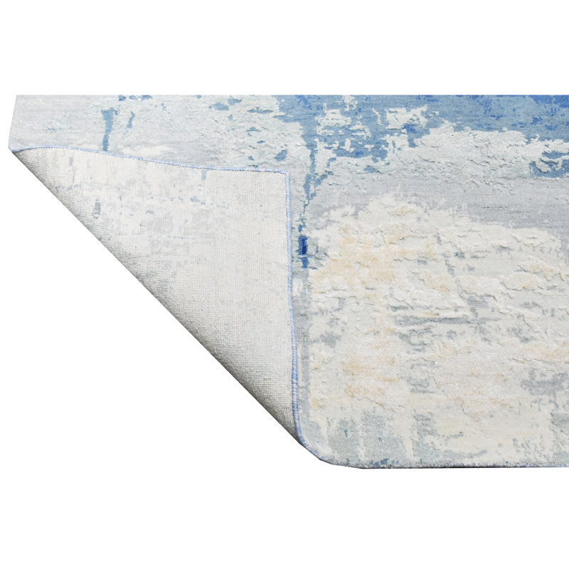 High-Quality Hand-Knotted Silver And Blue Area Rug, Silver And Blue, Rectangle 8' x 10'