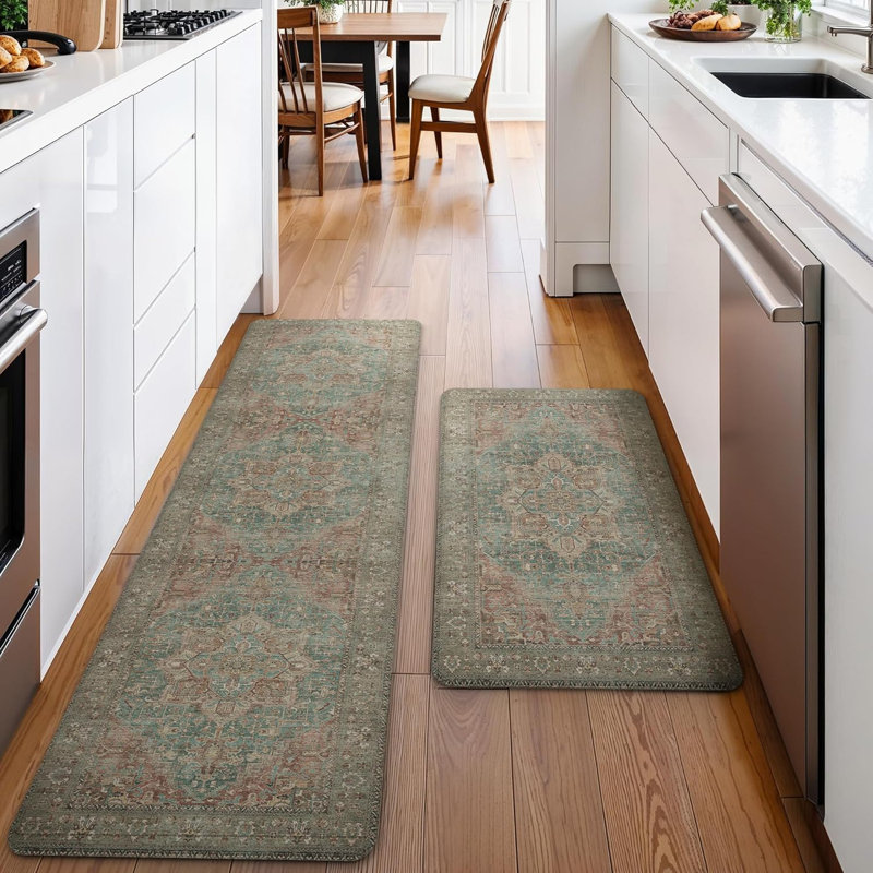 Anti-Fatigue Anti-Slip Waterproof Kitchen Mat, Runner 17" x 59"+17" x 30", Red/Brown/Green