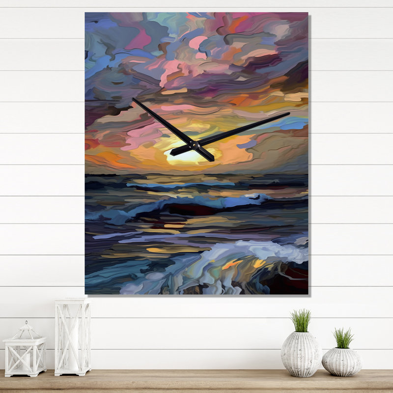Horloge murale côtière surplombant un coucher de soleil, Moyen