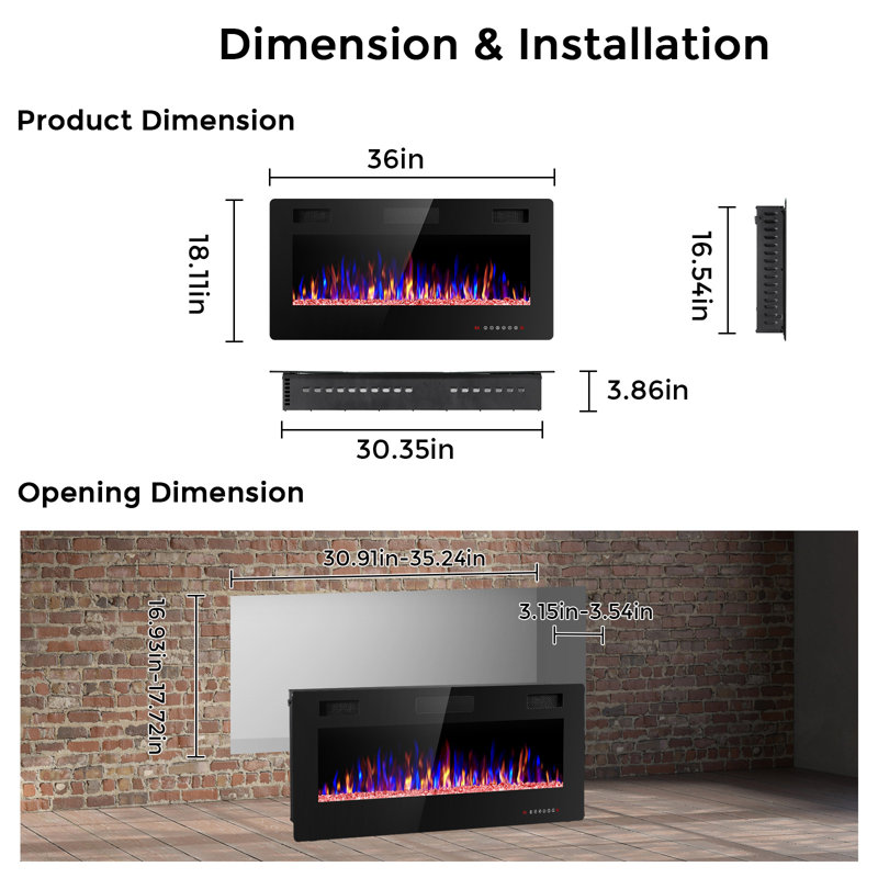 Recessed & Wall Mounted Electric Fireplace With Remote Control & Adjustable Flame, 18.1" H x 36" W x 3.86" D