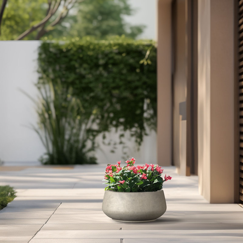 Medium Concrete Round Planter / Pot With Drainage Holes, 7.87" H x 16.93" W x 16.93" D, Light Gray