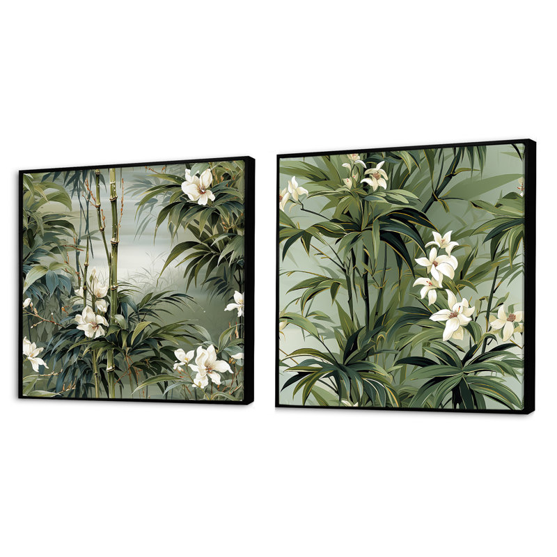 Genica - Ensemble de 2 collages carrés tropicaux, Cadre flottant noir, H 16 po x l 33 po