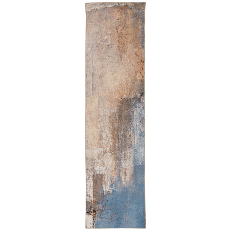 Migliore Washable Beige and Blue Machine Woven Area Rug, Runner 2' x 8'