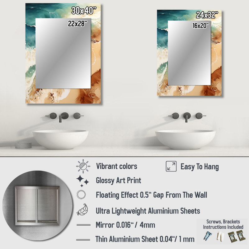 Vue aérienne de Beachside - miroir mural de plage, miroir décoratif beige, impression d'art en métal, 32 po x 24 po