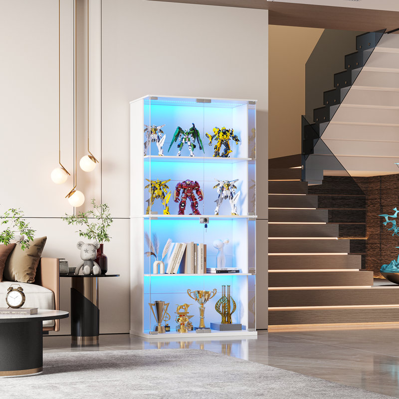 Display Cabinet With Glass Doors, Lighted Display Case With 3 Color Lights, 4-tier Bookcase With Human Body Sensor, White