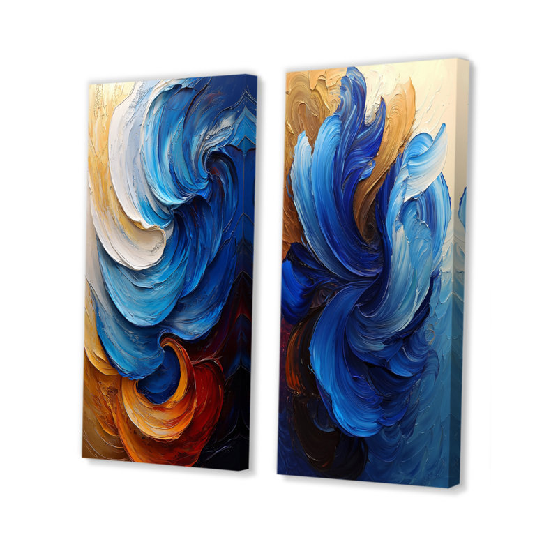 Modern Abstracy Waves Golden Harmony I - Décoration murale abstraite 2 panneaux, H 40 po x l 41 po, Toile tendue