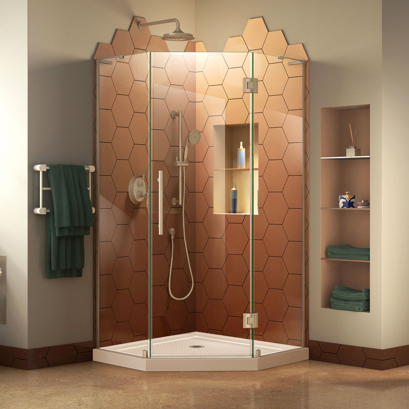 Prism Plus 38" W x 38" D x 74.75" H Frameless Neo-Angle Shower Enclosure with Base Included, Brushed Nickel/Biscuit