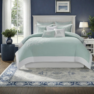 Ensemble de literie turquoise, jacquard 100% coton, motif corail brodé pour la décoration intérieure