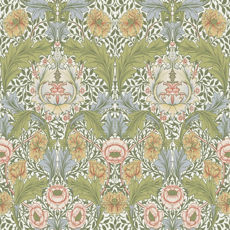Myrtle Dark Green Floral Ogee Wallpaper, Light Green