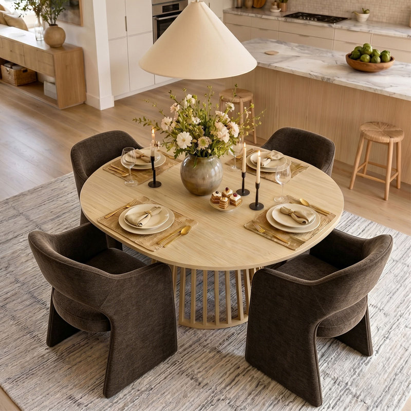 4 - Person Dining Table Sets With Extendabe Oval Table & 4 Chenille Upholstered Armchairs, Brown