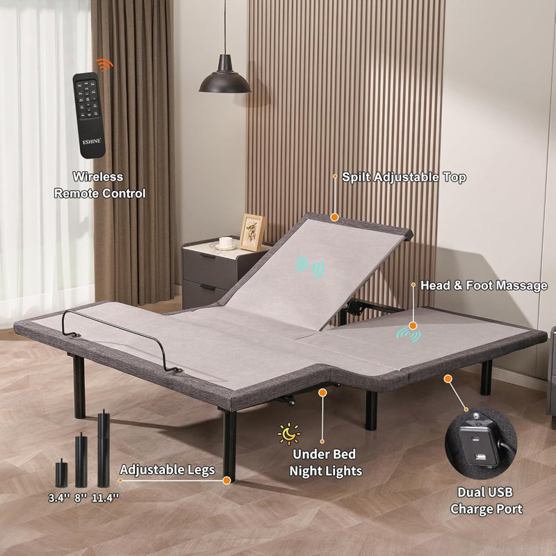 Base de lit réglable pour grand lit divisé, massage inclus, ports USB et de type C, veilleuse sous le lit, télécommande sans fil et contrôle des applications, Zero Gravity, gris urbain E3100
