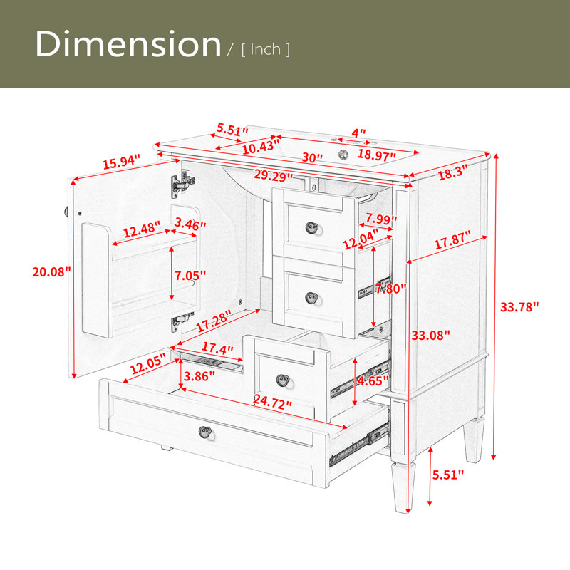 Meuble-lavabo de salle de bain moderne 30 po avec lavabo en céramique, meuble-lavabo à 3 tiroirs et cadre en bois massif