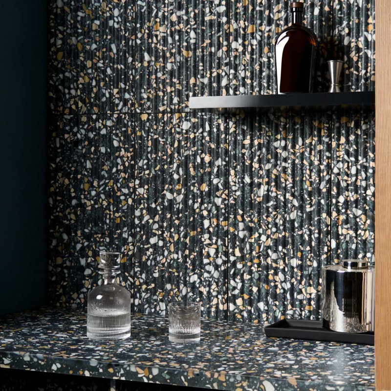Terrazzo Italy Fluted 12x24 Honed Terrazzo Tile, Cava Nott Black