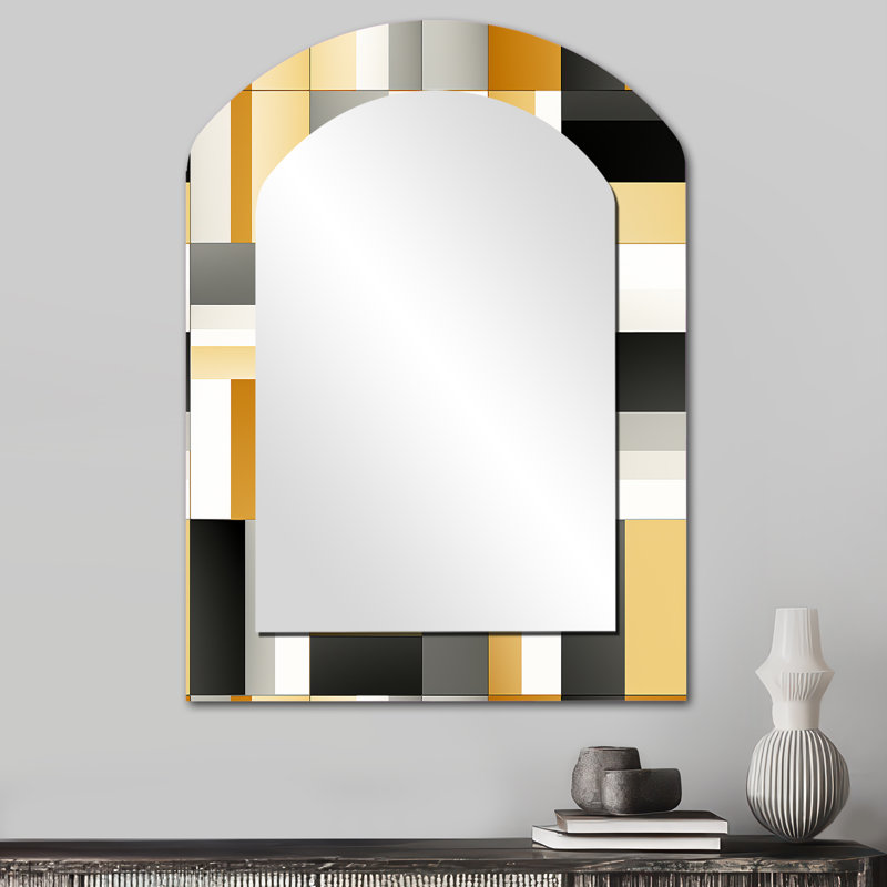 Parrsboro taupe géométrique Blocks Harmony - miroir décoratif arqué géométrique, miroir mural asymétrique moderne, impression d'art en métal