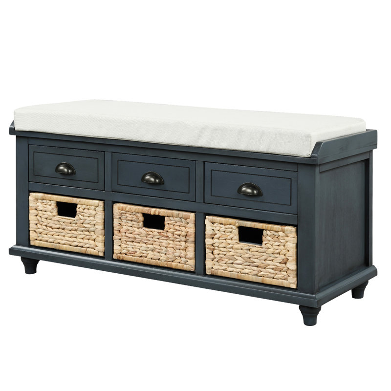 Banc de rangement rustique avec 3 tiroirs et 3 paniers en rotin, banc à chaussures pour le salon, vestibule ()