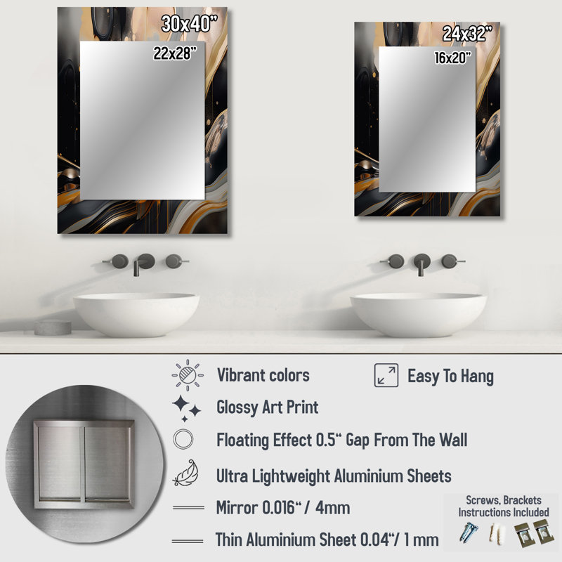 Gold And Black Marbled Euphoria II - Marble Wall Mirror, Modern Decorative Mirror, Printed Metal Art, 32" x 24"