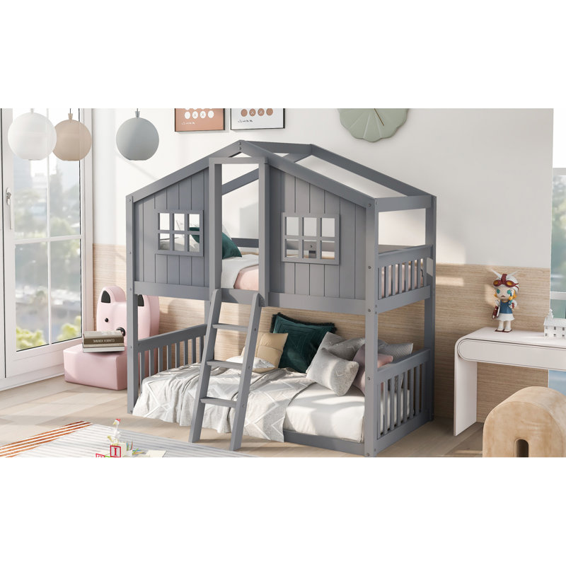 Lit superposé en bois - Mobilier de chambre polyvalent en forme de maison, Gris