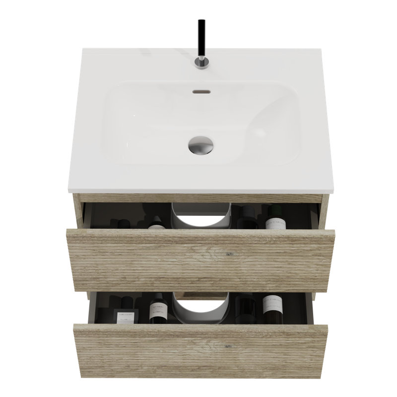 Grand meuble-lavabo mural avec lavabo en céramique intégré et trop-plein pré-assemblé, Chêne, 24"