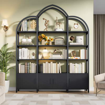 Triple Wide 5 Tier Tall Arched Bookshelf And Bookcase With 3 Cabinets, Industrial Metal Etagere Open Bookshelf, Rustic Wood Standing Book Shelf With M by Mercer41