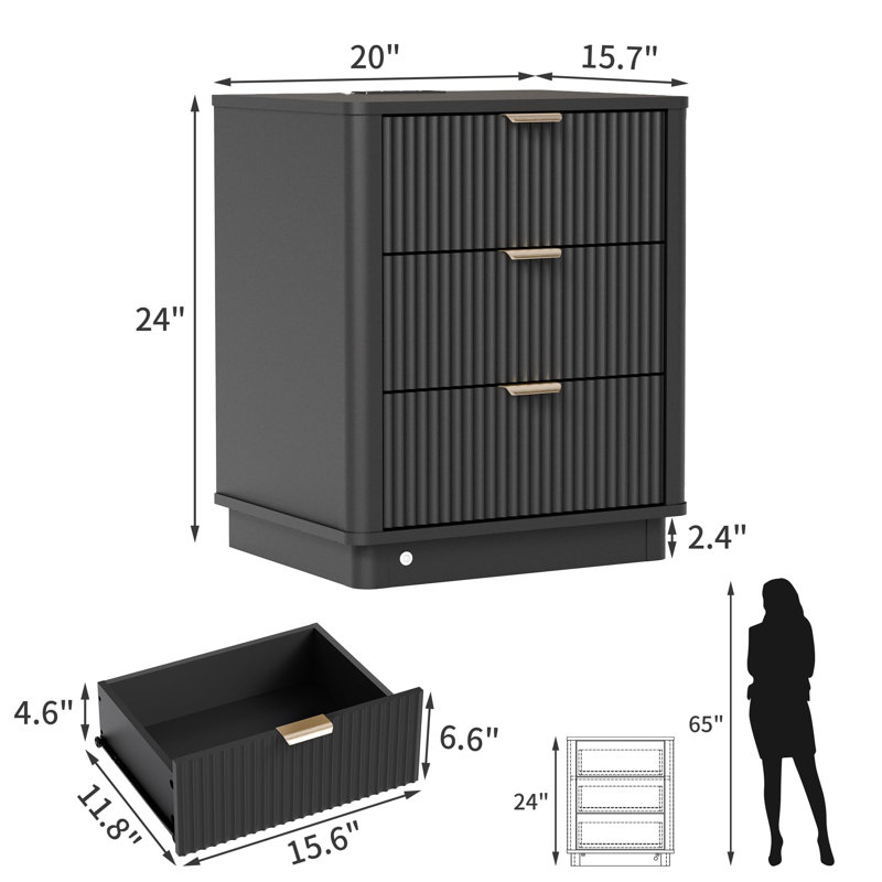 Curved Night Stand With Charging Station Lighting, Wood End Table With 3 Drawers, Black, Individual