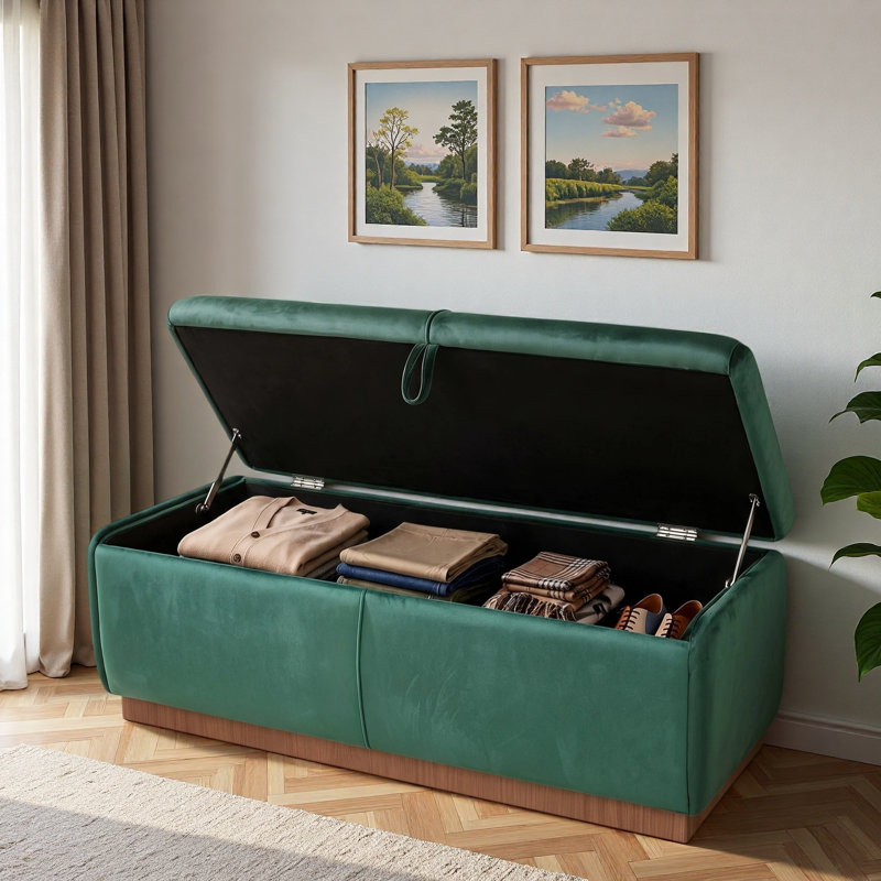 Banc moderne avec repose-pieds rembourré avec compartiment de rangement dissimulé, plateau rabattable et base en bois naturel