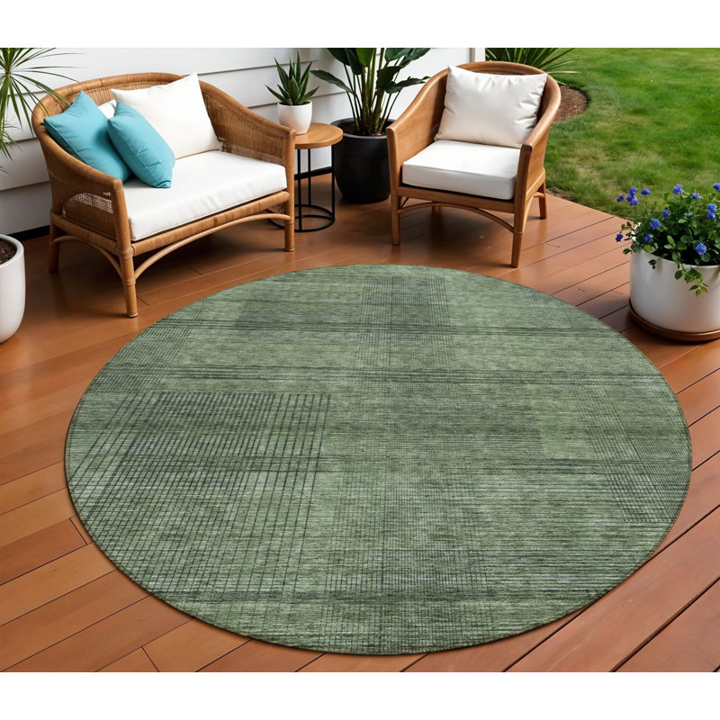 Tapis extérieur lavable rayé vert olive et gris 8 pi