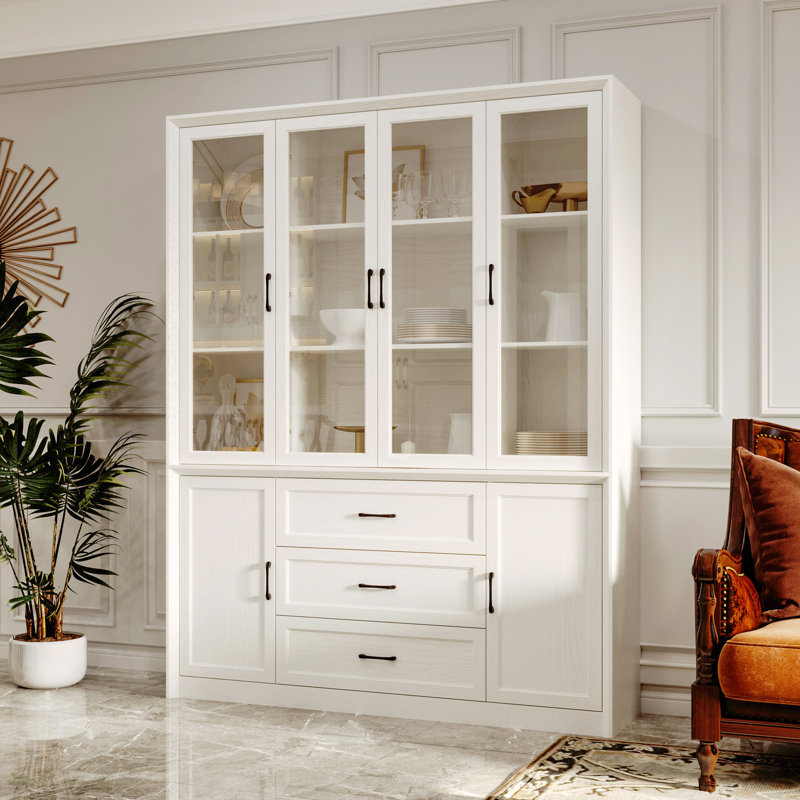 79.6" High Glass Door China Cabinet With 3 Drawers, Cream