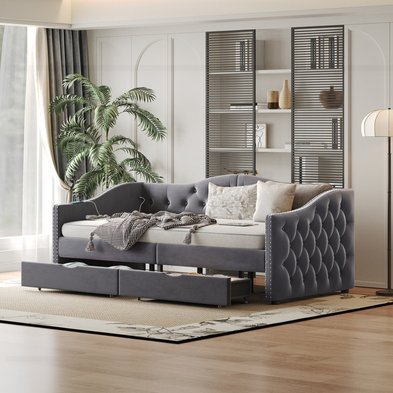 Base de lit tapissier avec rangement à 4 tiroirs et éclairage DEL