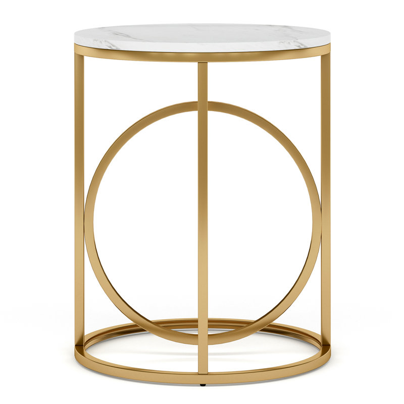 Table de bout ronde de 20 po pour le salon, table d'appoint en marbre moderne avec structure en métal doré, table d'appoint blanche et dorée, table de chevet étroite de 26 po de hauteur pour la chambre à coucher