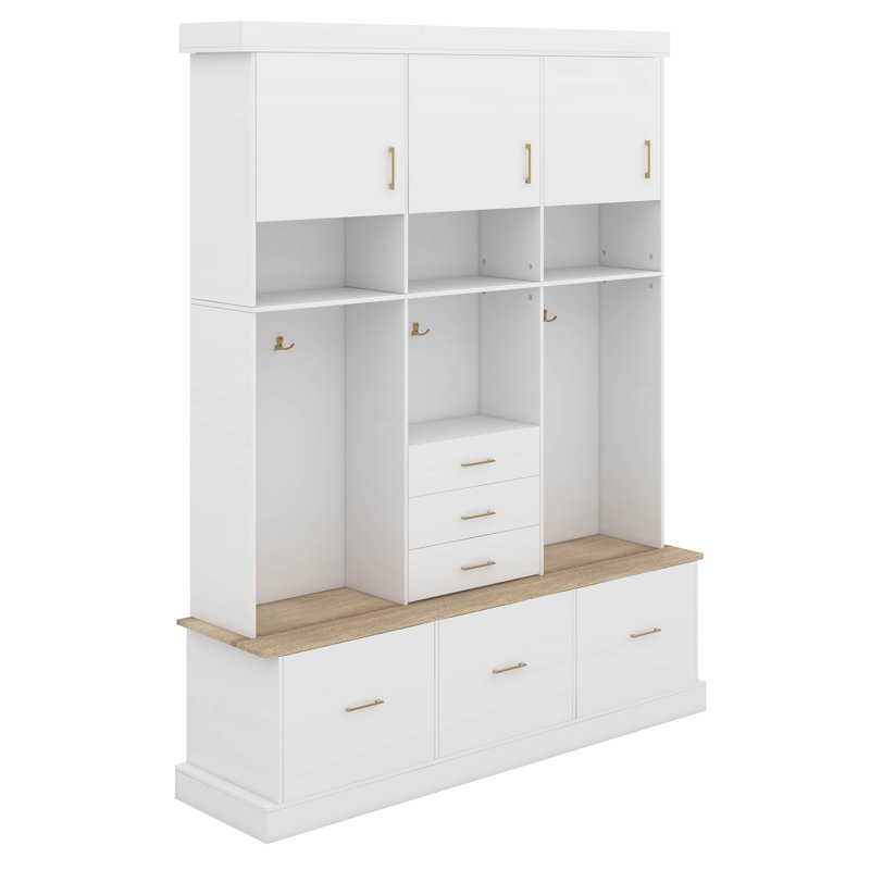 Hall Tree With Bench, 75" Entryway Storage Organizer With Coat Hooks, 6 Drawers & 3 Cabinets And 3-Tier Top Storage, White