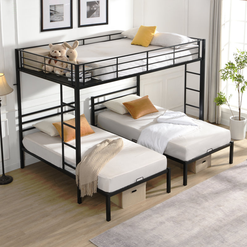 Lit double superposé au-dessus d'un lit simple au-dessus d'un lit simple, lit superposé triple avec échelle verticale, lit superposé à structure en métal avec barrière de sécurité, lit superposé double au-dessus d'un lit simple au dessus d'un lit simple