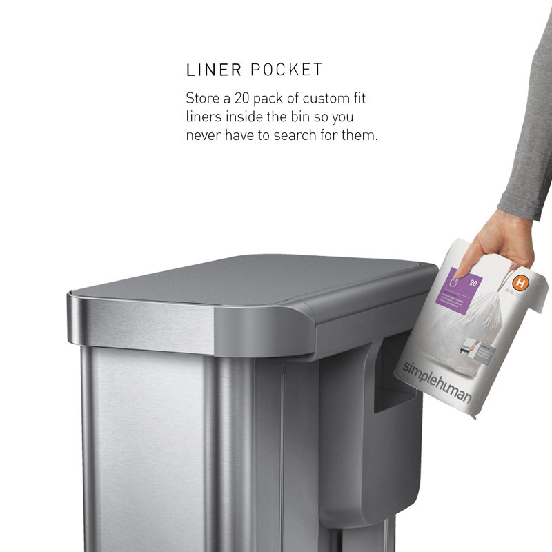 Simplehuman 58L recycling rectangular pedal bin with black plastic lid, brushed stainless steel