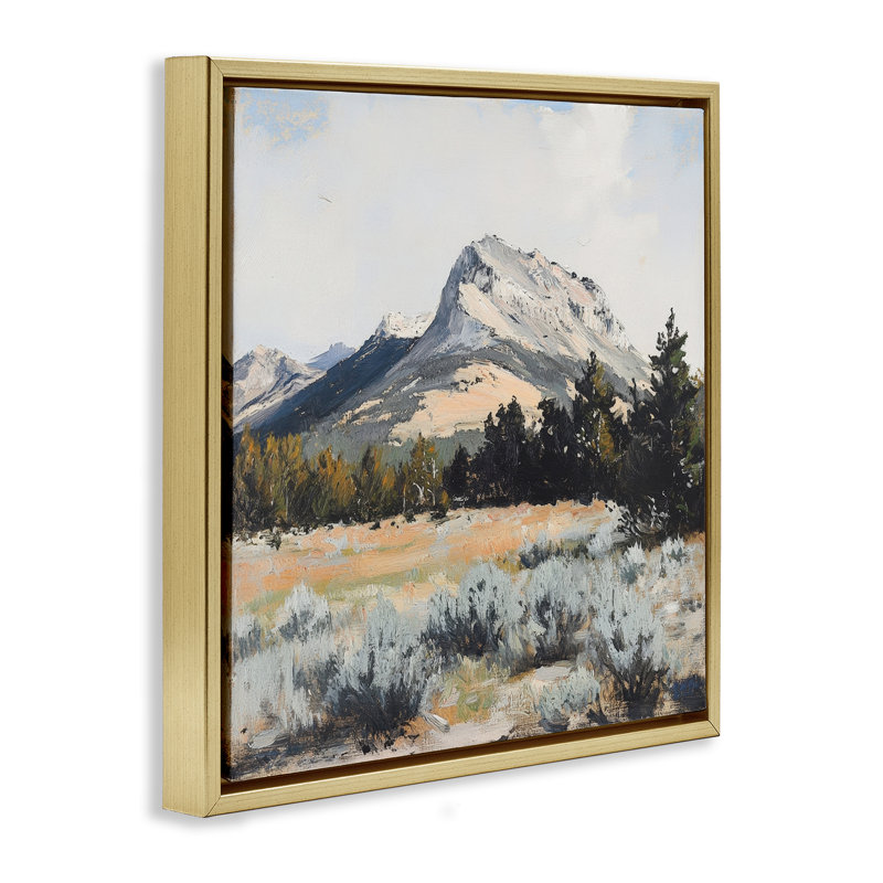 Cadre flottant paysage désertique et forêt, design par Petal Prints Design, H 18 po x l 18 po, Cadre flottant métallique doré