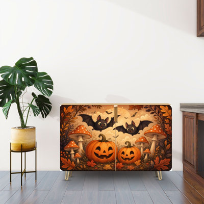 Buffet Buffet avec rangement fantaisiste Scène d'Halloween citrouilles chauves-souris Champignons couleurs d'automne avec 2 portes pour le salon et la cuisine