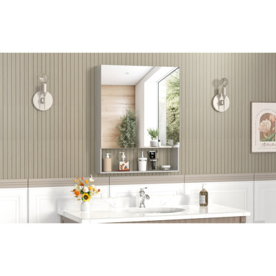 Armoire de rangement murale avec miroir, 24 po x 30 po, structure en aluminium, finition argentée, tablettes réglables, alliage de haute qualité, usure, formaldéhyde corrosif, charnières silencieuses, 3