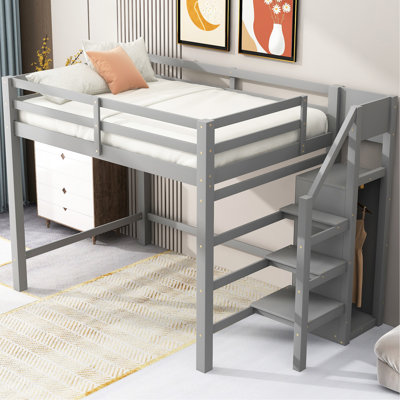 Full Size Loft Bed In Gray With Built-In Storage And Ascending Steps - Strong Bedroom Addition Multi-Functional Staircase & Wardrobe Included