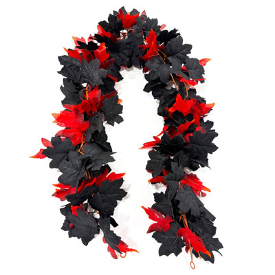 Artificial Maple Leaf Vine – 68.9 In Fake Fall Garland with String Lights for Home, Wedding & Party Decor (Black)