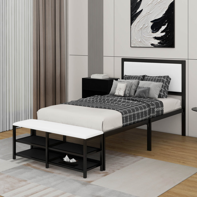 Lit plateforme simple en métal avec tablettes, armoire de rangement en bois, Noir