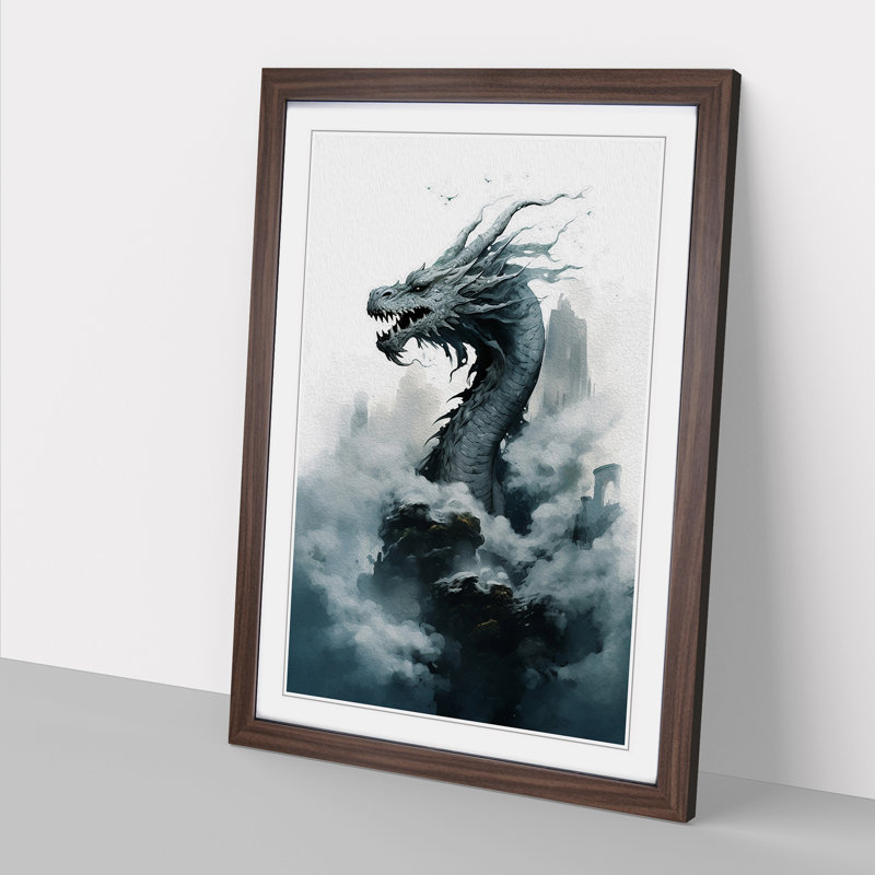 Dragon Minimalism - Single Picture Frame Print on Wood, 34cm H x 25cm W, Walnut Framed