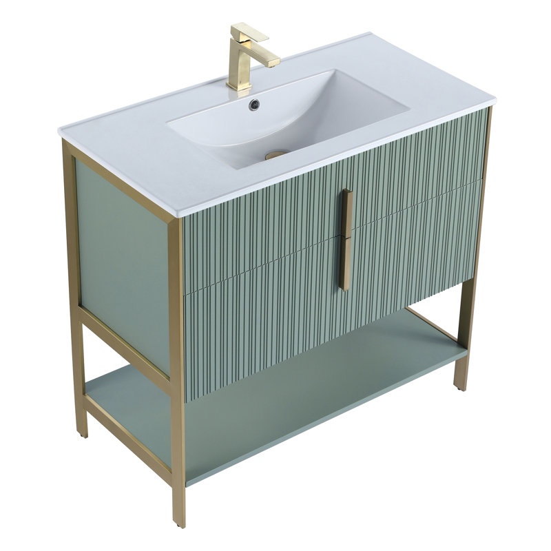 Serenity Modern Bathroom Vanity with White Ceramic Top, Black Matte/Rose Gold, 36"